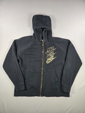 Nike Shine Metallic Gold Triple Logo Zip-Up Graphic Streetwear Hoodie - Large